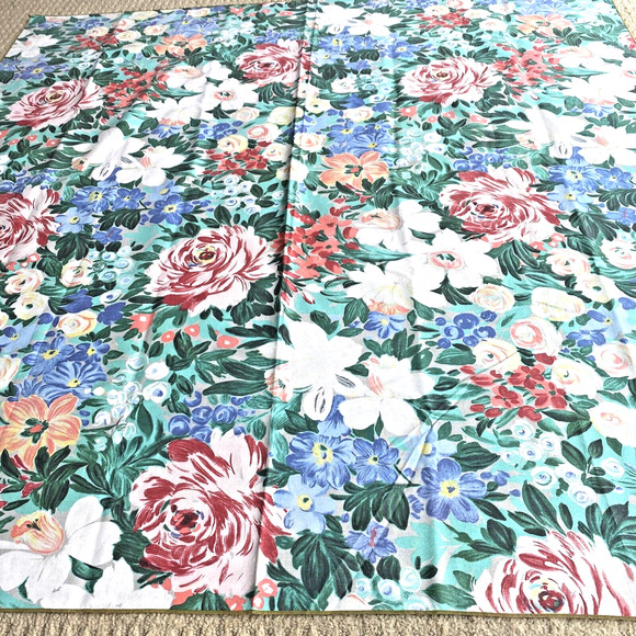 Vintage 1980s tablecloth floral motif green blue pink peach cottage farmhouse - Picture 4 of 6